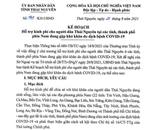 Hỗ trợ 2 000 000 đồng người cho người dân Thái Nguyên tại các tỉnh, thành phố phía Nam